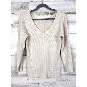 ECRU Womens L beige Cashmere Blend V Neck Ribbed Knit Sweater Cozy Soft Casual